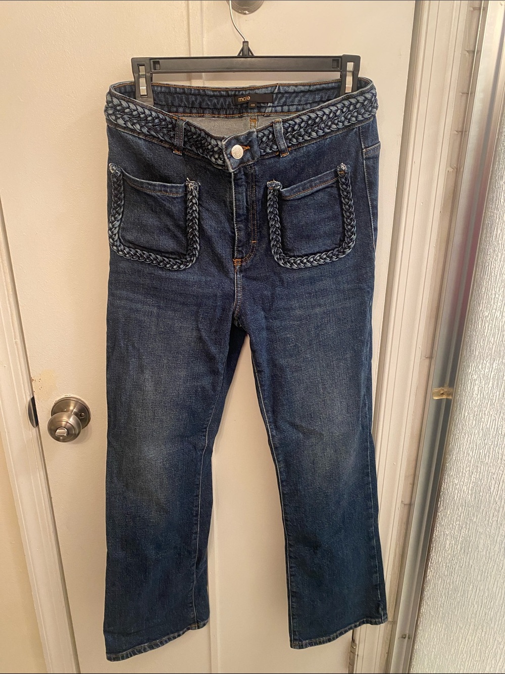 Maje Dark Blue High-Rise Braided-Trim Straight-Leg Jeans